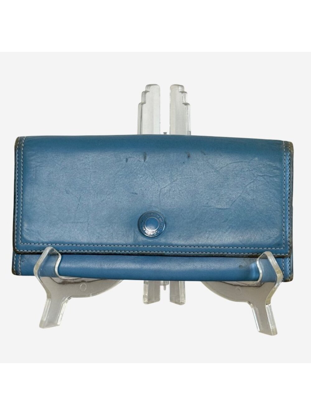 Vintage Coach Blue Leather Foldover Billfold Wallet Functional *read description
